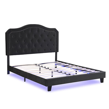 Upholstered Bed Button Tufted with Curve Design - Strong Wood Slat Support - Easy Assembly - Black Velvet - With LED light-platform bed - Queen