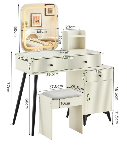 Fluted Makeup Vanity Desk with SQUARE LED  Mirror and Lights, Modern Glass Top Big Vanity Table with 4 Drawers & Adjustable Shelves, Dressing Table Set  with stools table with movable side table