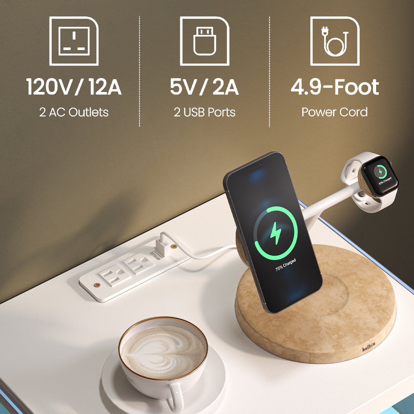 Nightstand with LED Lights, Adjustable Light Colors, Bedside Table, Side Table with 2 Drawers,White