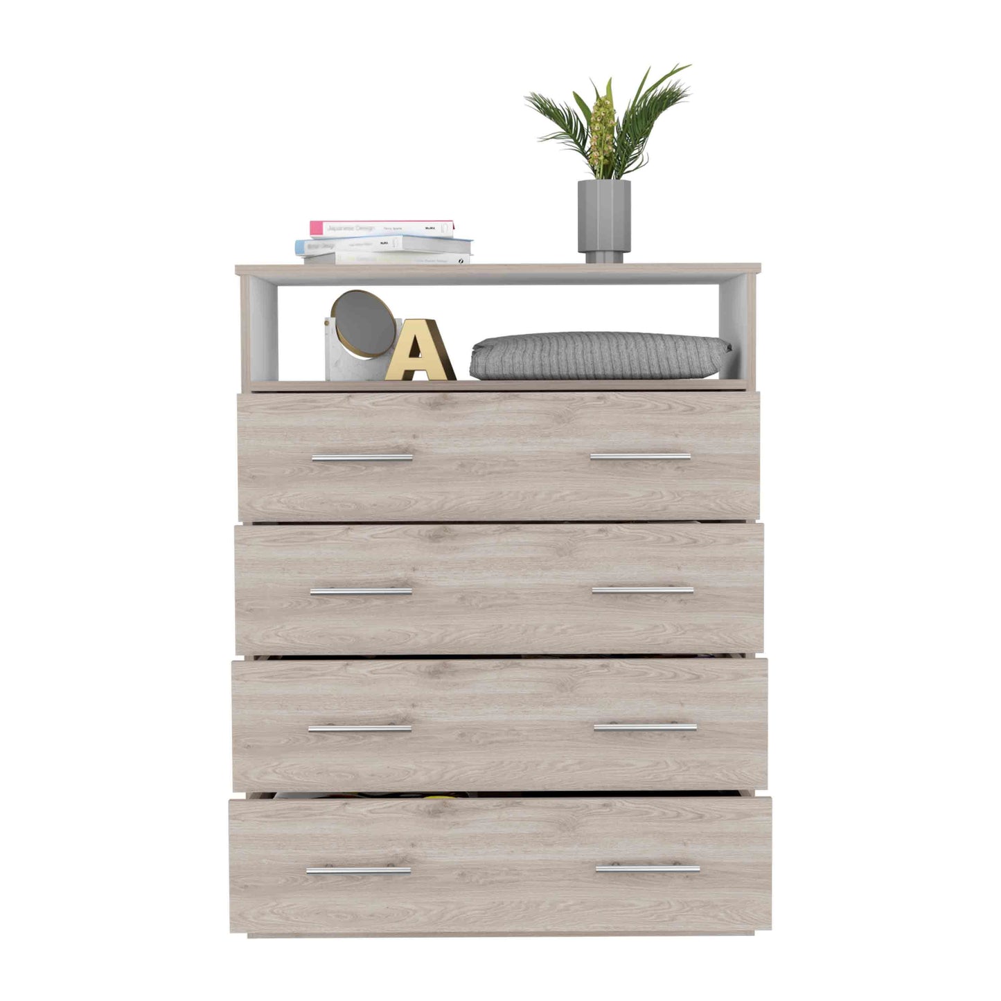 Peru L Four Drawer Dresser, Superior Top, One Open Shelf -Light Gray / White