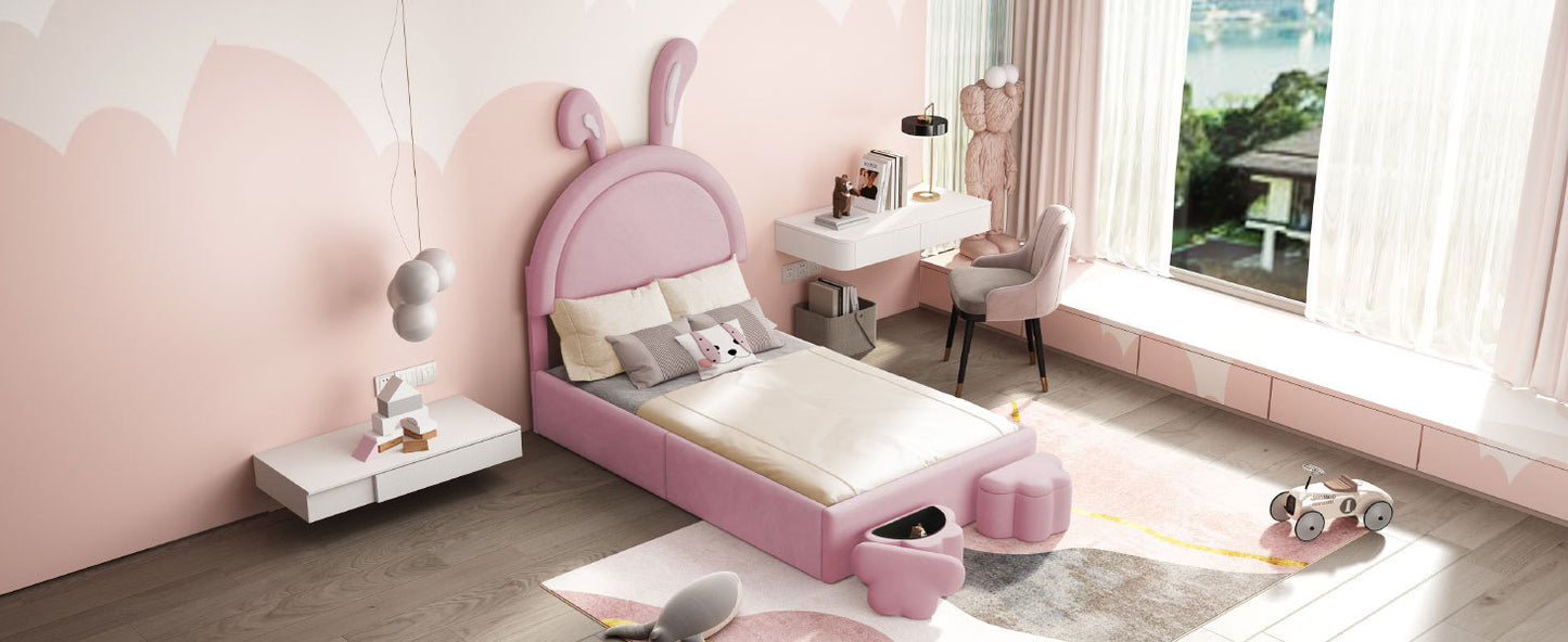 Twin size Upholstered Rabbit-Shape Bed with 2 Storage Stools, Velvet Platform Bed with Cartoon Ears Shaped Headboard, Pink