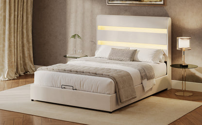 Upholstered Platform King Size Hydraulic Storage Bed, Lift Up Storage Bed with RGB LED Light Headboard, No Box Spring Needed,Velvet,Beige