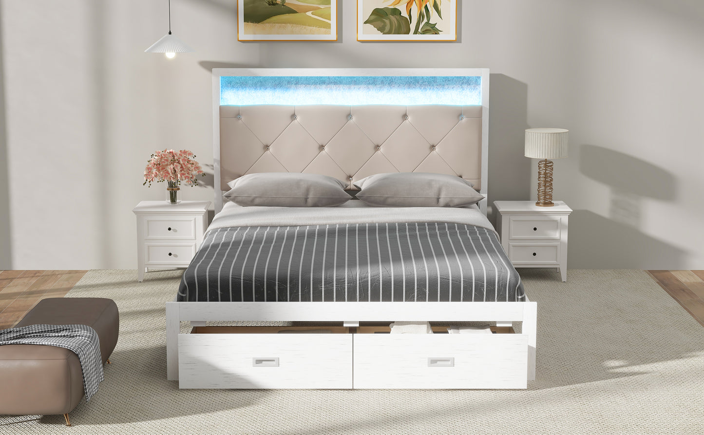 Wood Queen Size Platform Bed with Upholstered Headboard and LED and 2 Drawers, Antique White