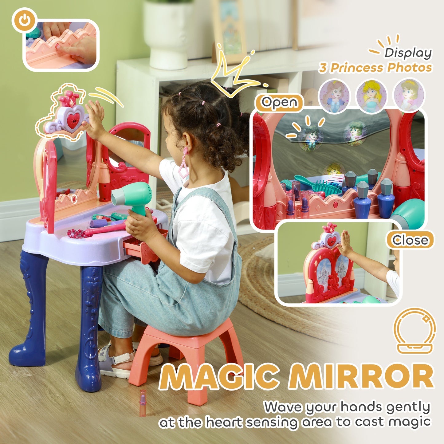 Qaba Kids Vanity Set with Mirror and Stool, Toddler Makeup Table with Music, Light, Drawer, Hair Dryer, 20 Makeup Accessories, Girls Vanity for Ages 3-6, Multicolor