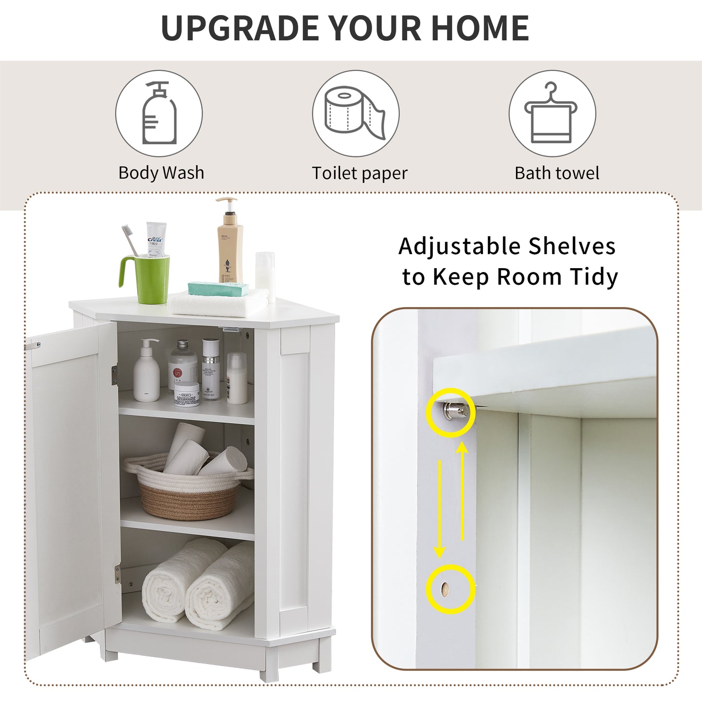 White Bathroom Cabinet Triangle Corner Storage Cabinet with Adjustable Shelf Modern Style MDF Board (Old SKU:WF291477AAK)