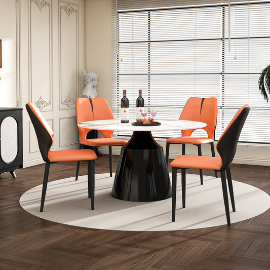 53' Marble Round Dining Table, Sintered Stone Round Dining Table with Stainless Steel Cone Base, Sturdy Dining Table for Kitchen Dining Room for 4-6 people (with 4 Orange Chairs)