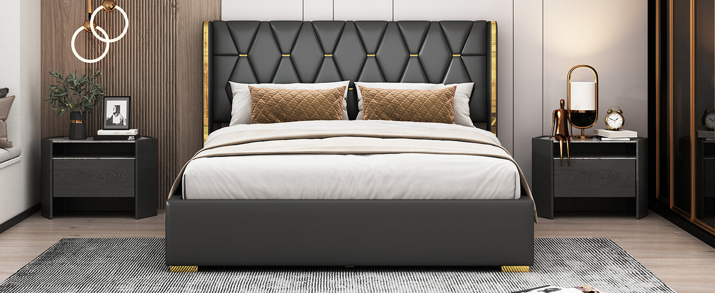 Queen Size Upholstered Platform Bed with Metal Strips, Black