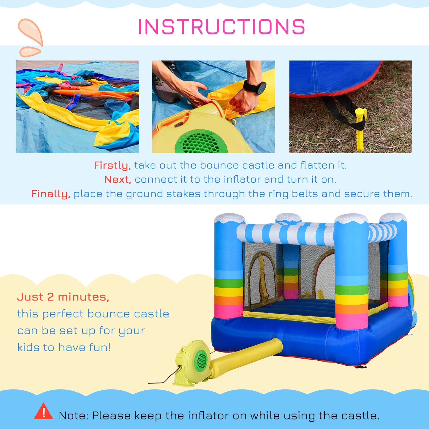 Outsunny Inflatable Bounce House for Kids 2-in-1 Jumping Castle for Indoor Outdoor Party with Trampoline, Pool, Carry Bag & Air Blower