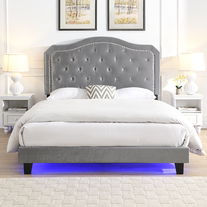 Upholstered Bed Button Tufted with Curve Design - Strong Wood Slat Support - Easy Assembly - Light Grey Velvet - With LED light-platform bed - Queen