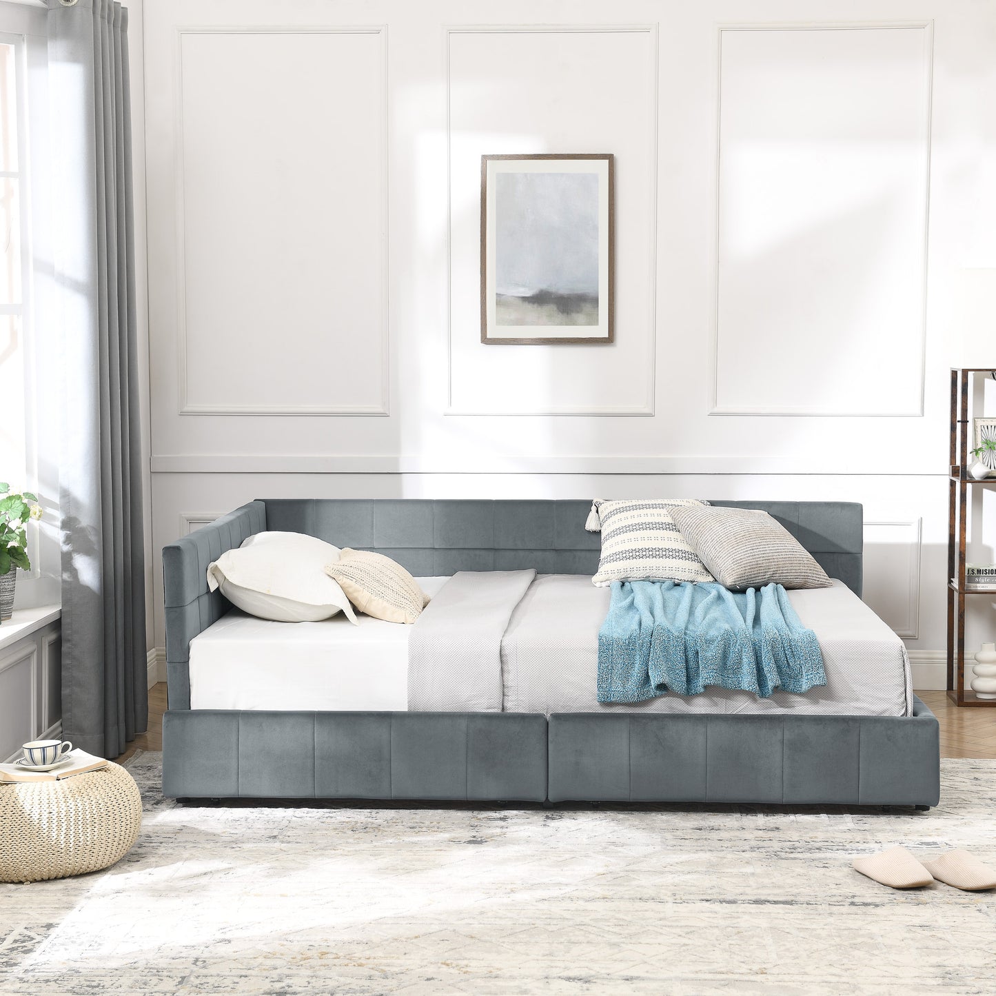 Full Size Storage Upholstered Tufted Bed Frame, Sofa Bed Frame with Comfortable Backrest and Armrests, Full Size Bed for Bedroom, Living Room,Velvet, GREY(80.5''*59''*29.5'')
