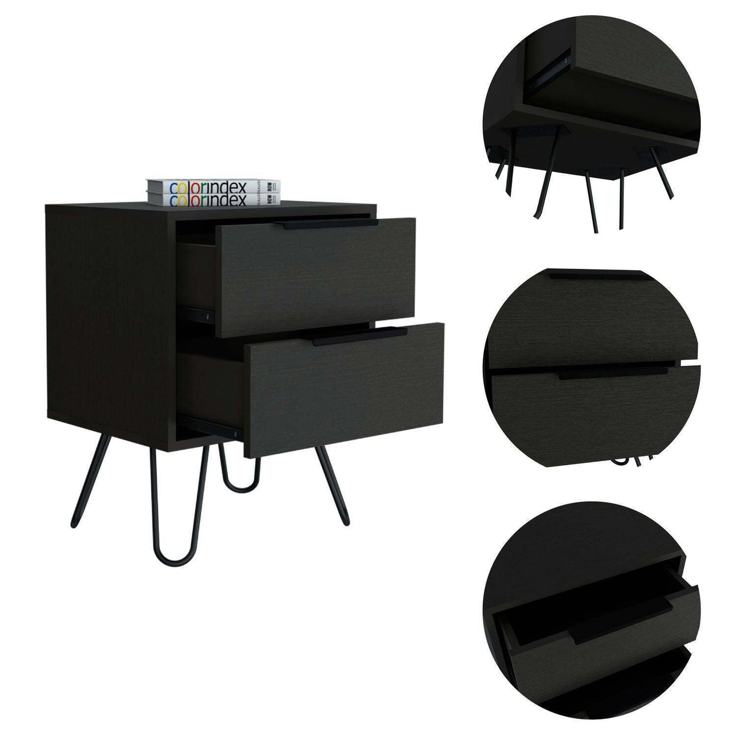 Augusta 2 Nightstand , End Table, Side Table Four Legs, Two Drawers -Black