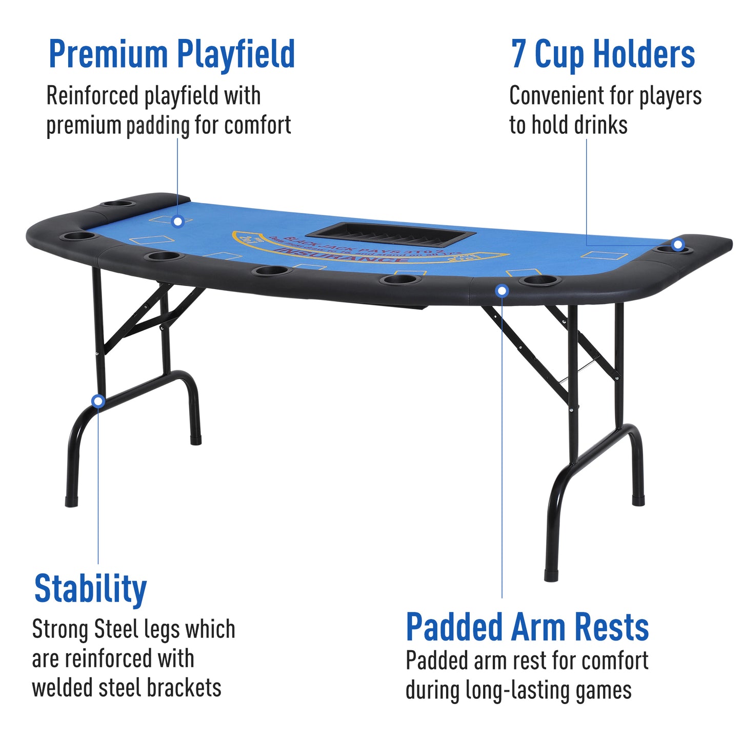 Soozier Poker Table Foldable, 72" Blackjack Table for 7 Players with Chip & Cup Holder, Blue Felt