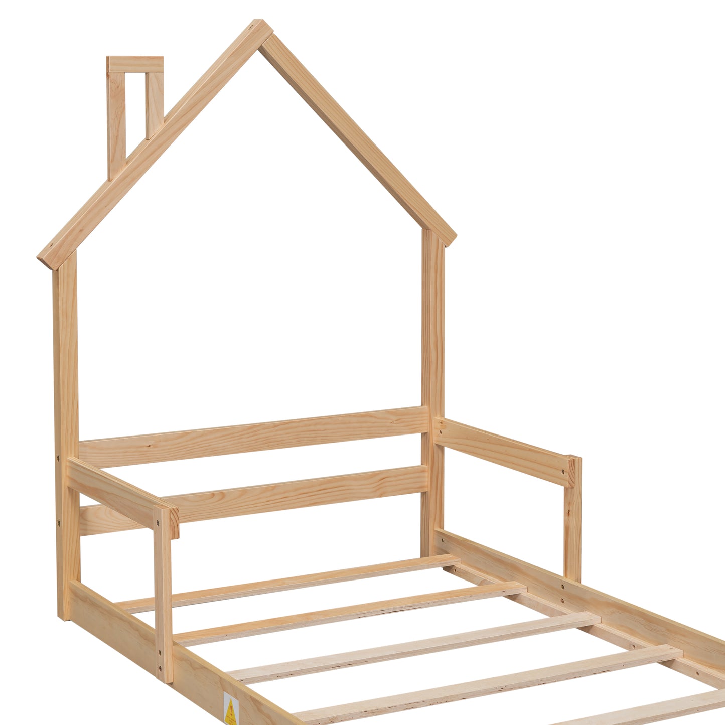 Twin House-Shaped Headboard Floor Bed with Handrails ,slats ,Natural