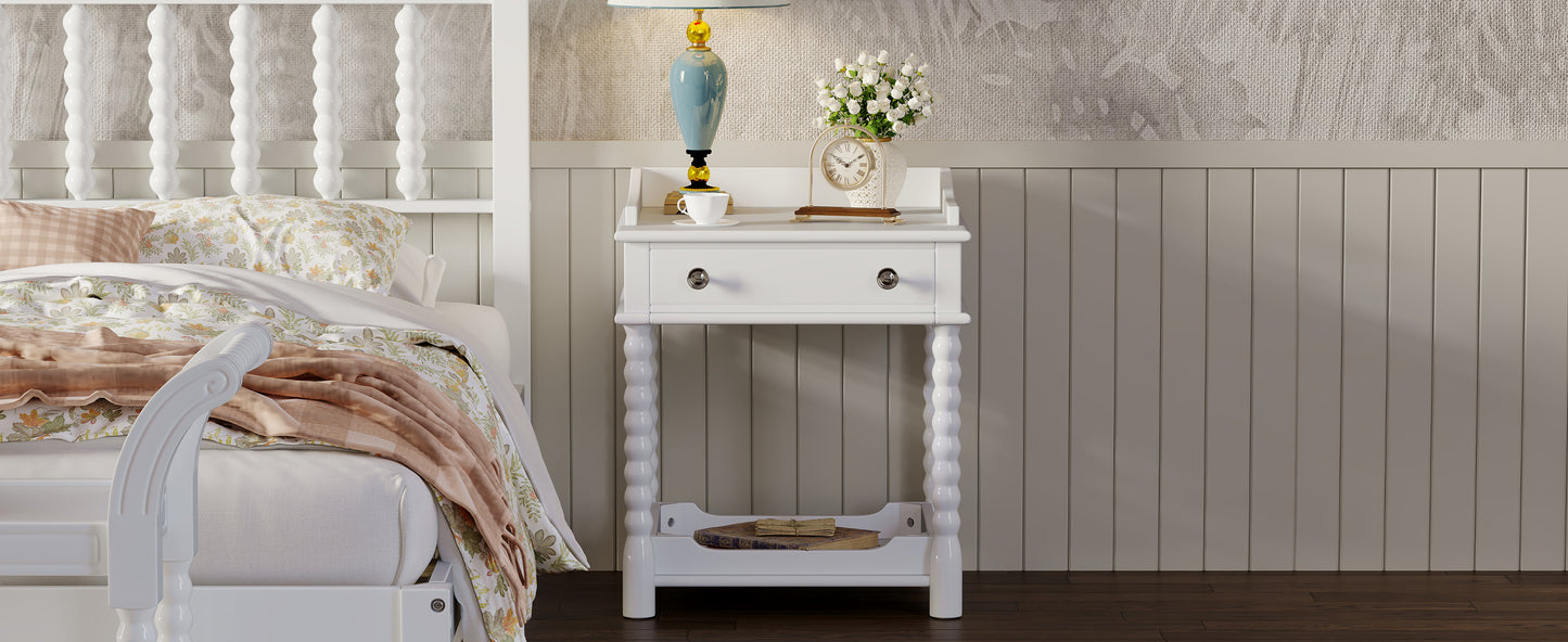 Retro Style Nightstand with Drawer and Open Shelf for Bedroom, Bedside Table with Turned Legs and Metal Handle,White