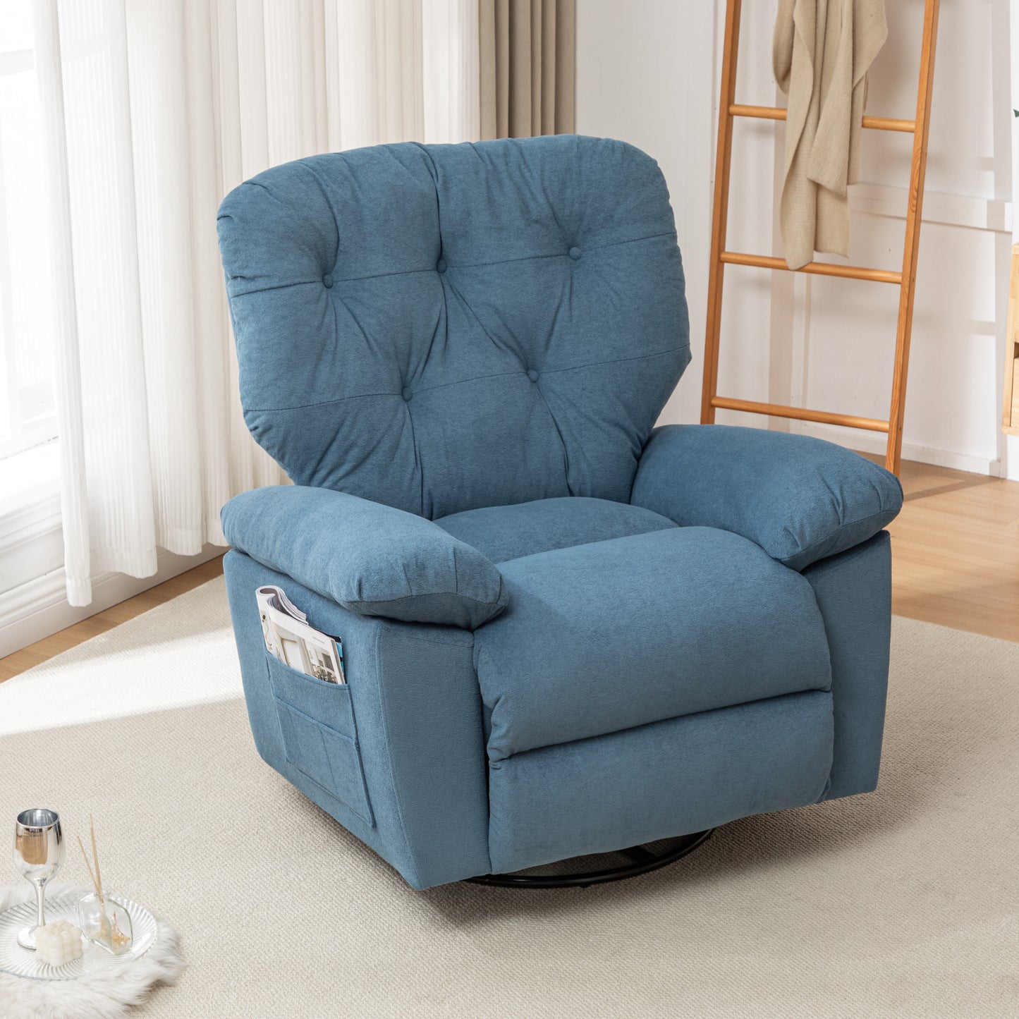 Blue Relaxing Recliner Chair,Soft Artificial Fleece, Overstuffed, Swivel, Glider, Side Pocket