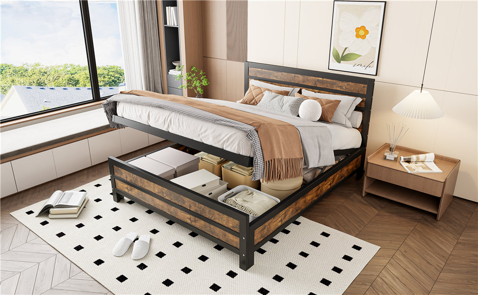 Queen Size Metal Platform Bed with Underneath Storage, Black