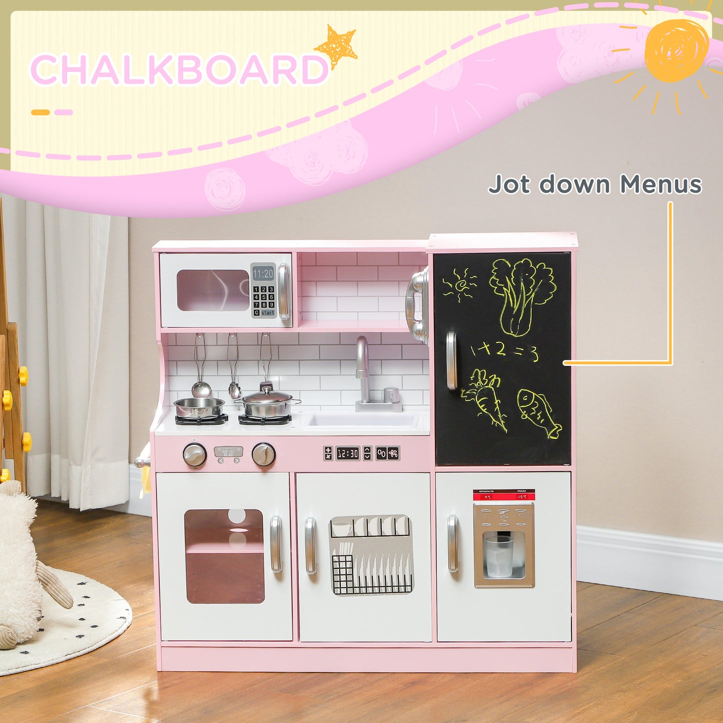 Qaba Play Kitchen, Kids Kitchen Playset Pretend Play Toy Kitchen with Play Phone, Chalkboard, Towel Rack, Ice Maker, 5 Accessories, Storage Space, Microwave & Sink, Gift for 3-8 Years, Pink