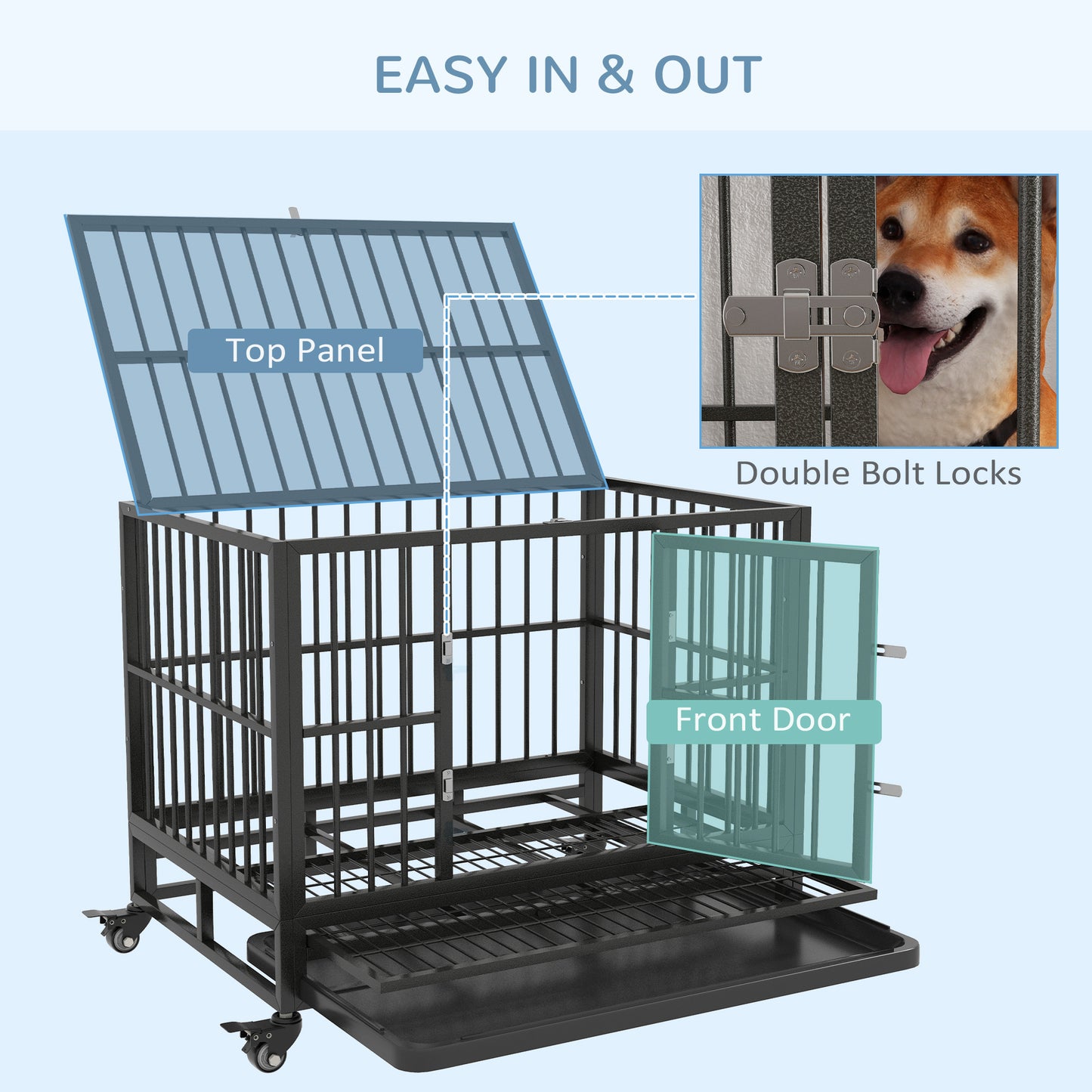 PawHut 36" Heavy Duty Dog Crate Metal Cage Kennel with Lockable Wheels, Double Door and Removable Tray, Gray