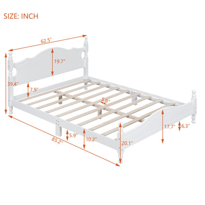 Queen Size Wood Platform Bed Frame,Retro Style Platform Bed with Wooden Slat Support,White