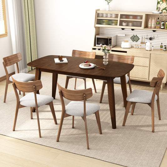 7- Piece Dining Set,Mid-Century Walnut Finished Frame Upholstered Dining Chairs (Set of 6) (Light Beige) +Wood Dining Table (Walnut)