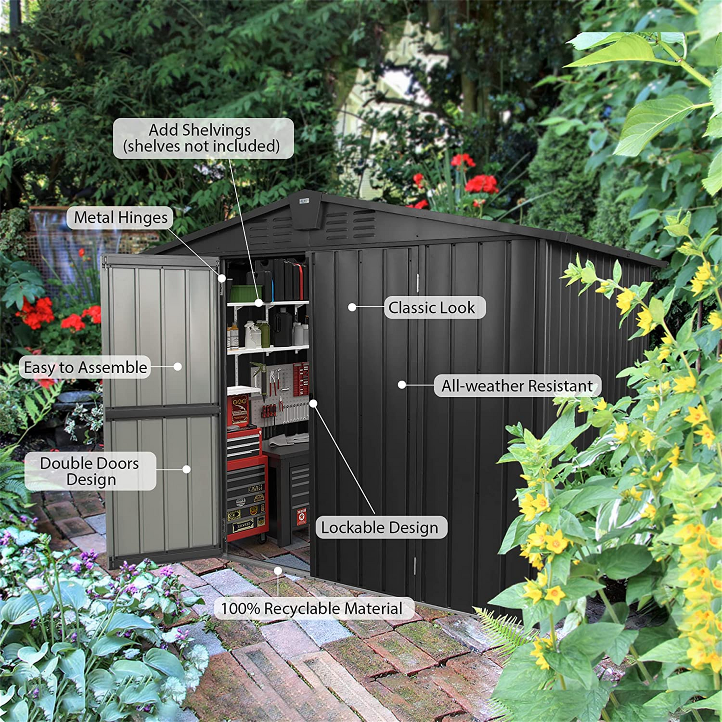 Outdoor Storage Shed 8.2'x 6.2', Metal Garden Shed for Bike, Trash Can, Galvanized Steel Outdoor Storage Cabinet with Lockable Door for Backyard, Patio, Lawn (8.2x6.2ft, Dark Gray)