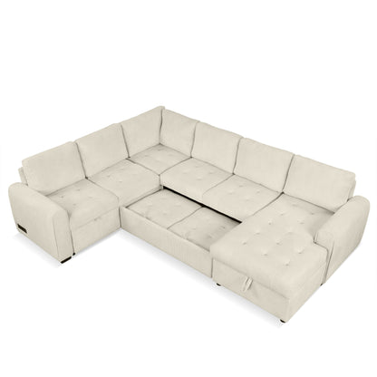 107.5" U-shaped Sofa Sectional Sofa Pull-out Sofa bed with a Storage Chaise Lounge, Charging Devices for Living Room, Beige