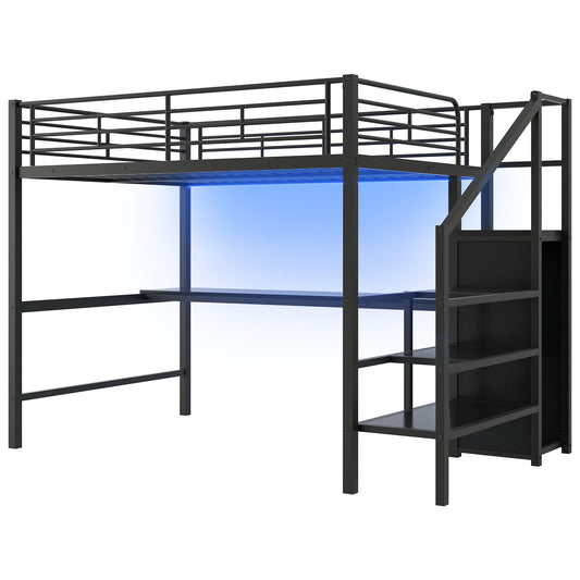 Full Size Metal Loft Bed with Desk, Storage Staircase, Small Wardrobe and LED Light, Black