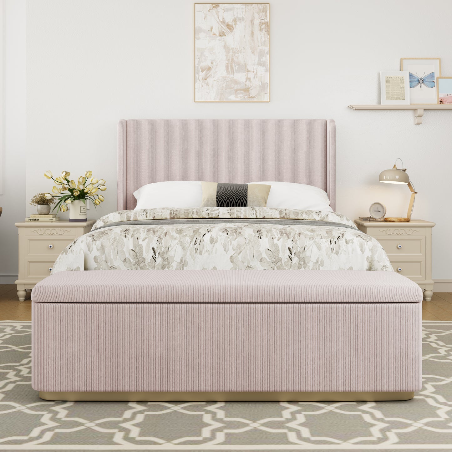 Queen Size Corduroy Upholstered Bed Frame with 130L Storage Ottoman, and Vertical Stripe Wingback Headboard and High Footboard, Pink