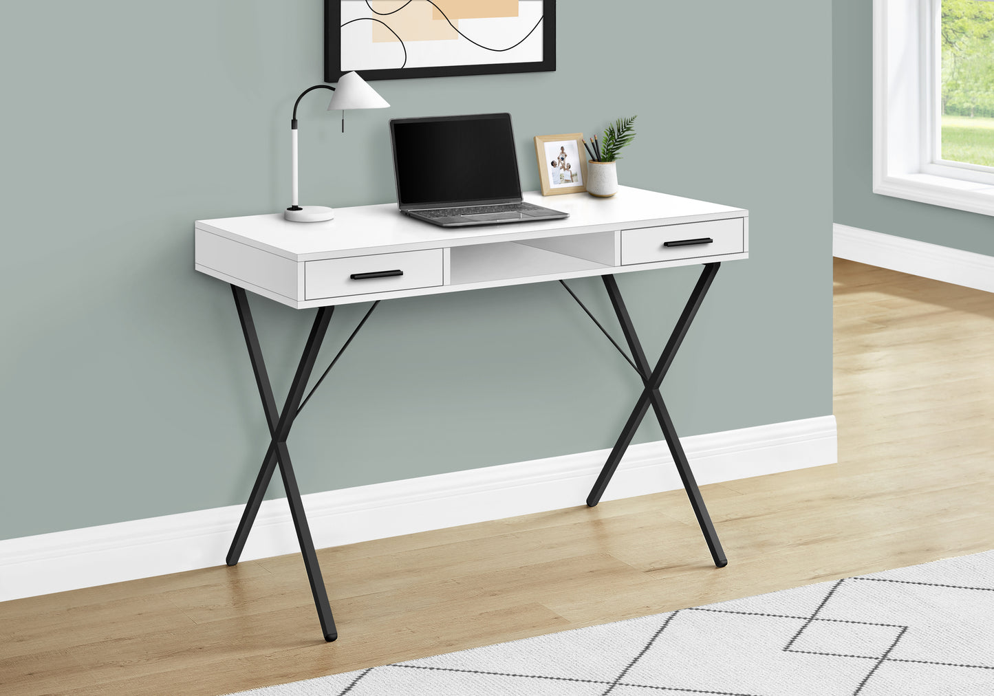 Computer Desk, Home Office, Laptop, Left, Right Set-up, Storage Drawers, 42"l, Work, White Laminate, Black Metal, Contemporary, Modern