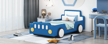 Twin Size Race Car-Shaped Platform Bed with Wheels,Blue