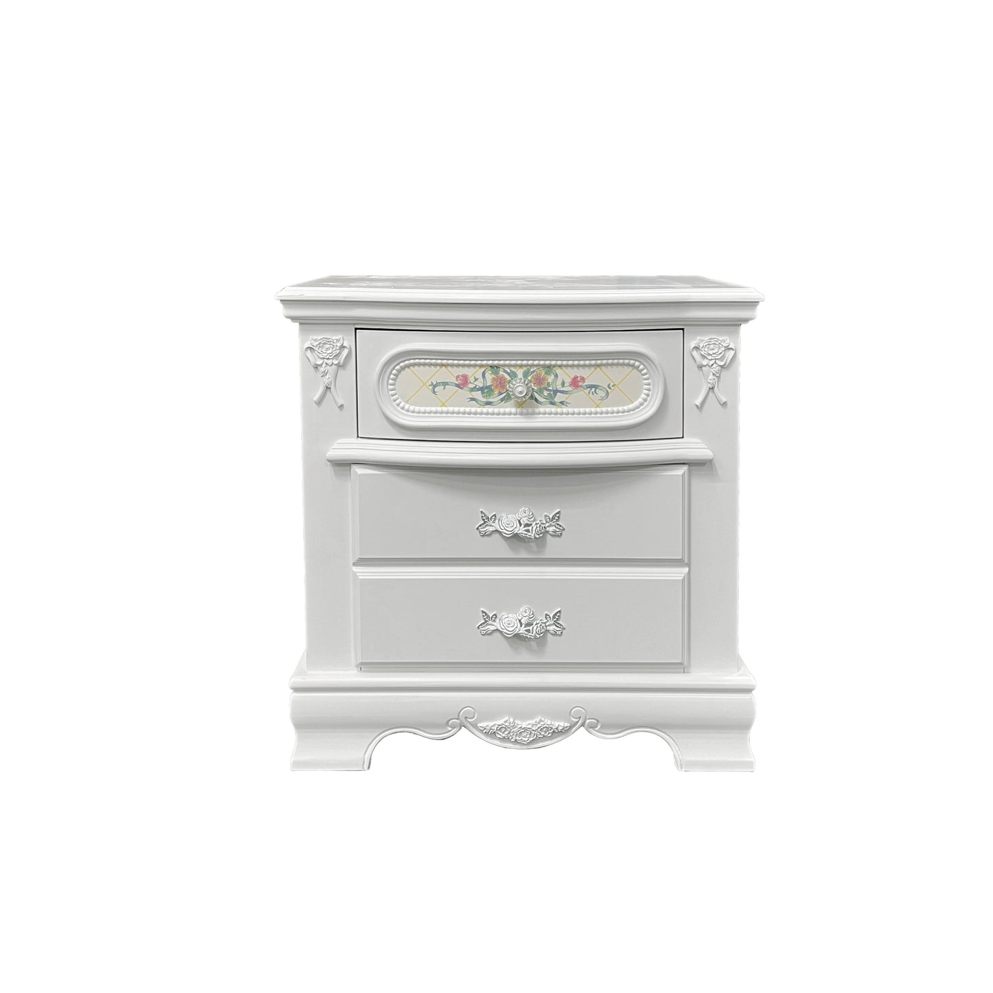 White 2-Drawer Nightstand with Floral Motifs