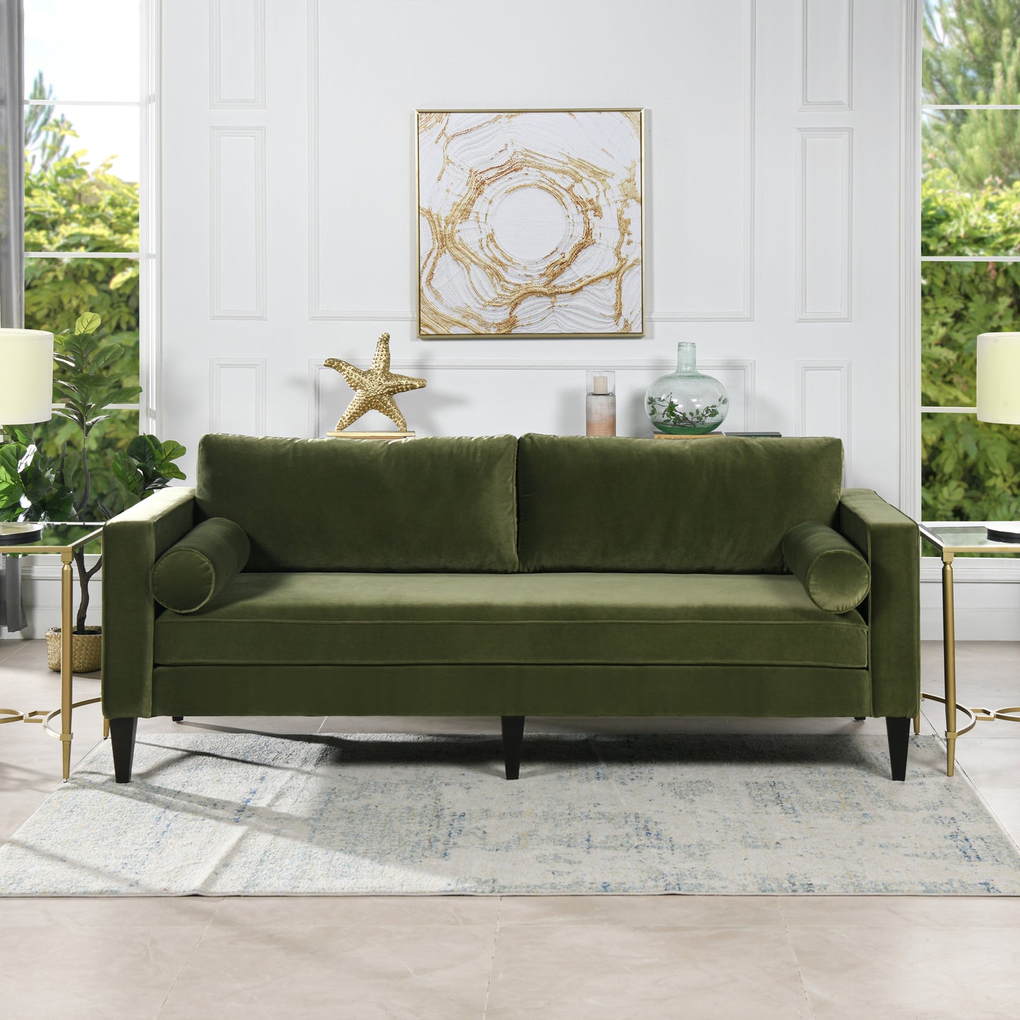 Nicholi 84" Mid-Century Modern Sofa, Olive Green Performance Velvet