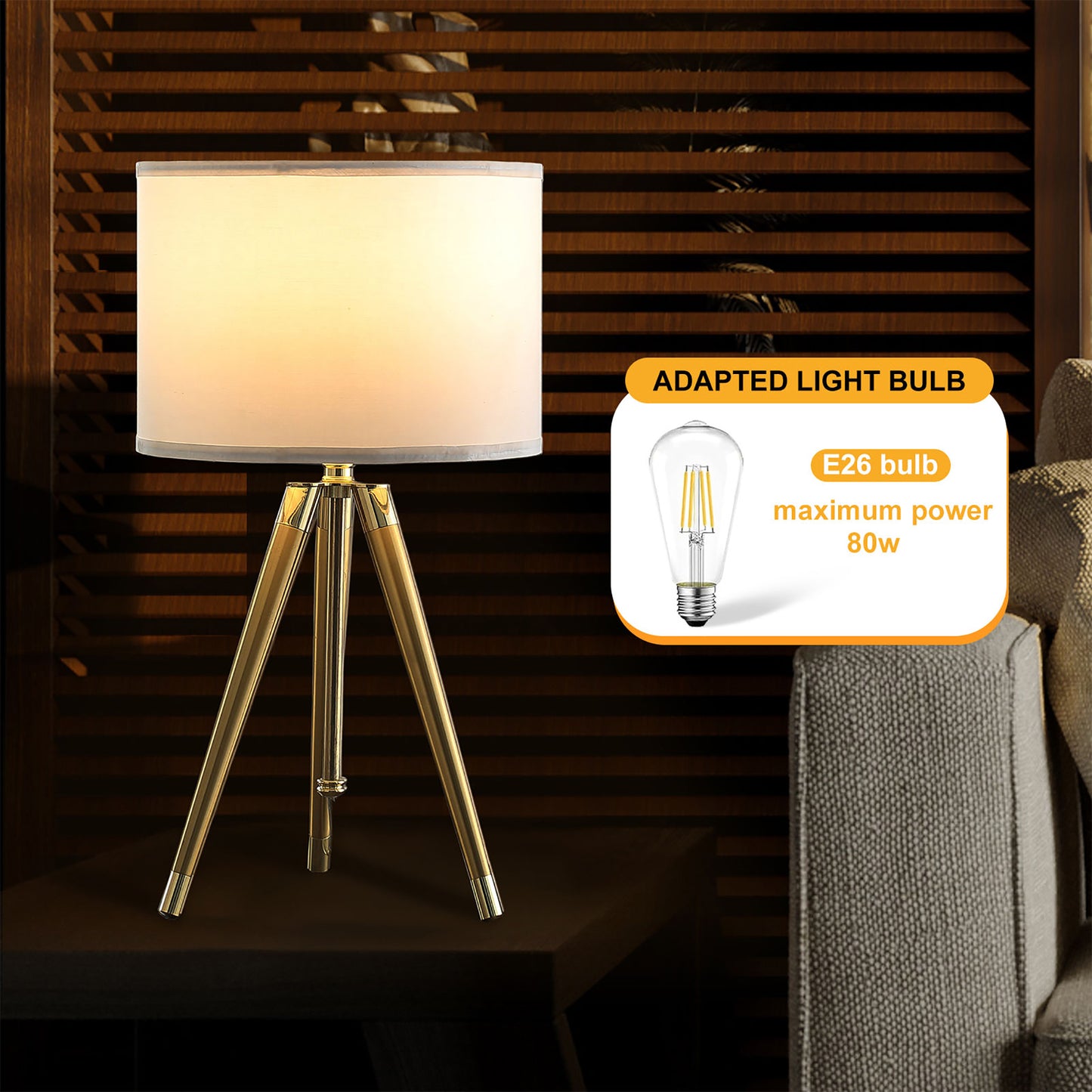 35.5" - 25.75"H Adjustable Hieght Brass/Shiny Gold Modern Tripod Table Lamp for Living Room, Nightstand Bedside Table Lamp for Bedroom, LED Lamp