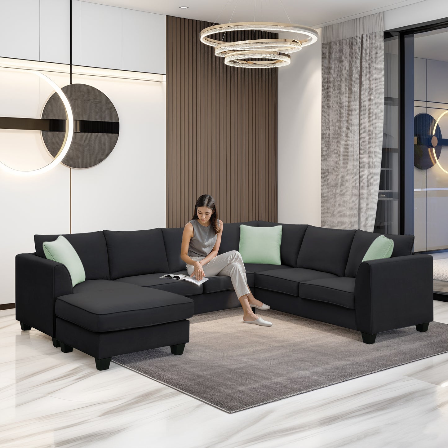 112x87" Sectional Sofa Couches Living Room Sets, 7 Seats Modular Sectional Sofa with Ottoman, L Shape Fabric Sofa Corner Couch Set with 3 Pillows, Black(New of GS008210AAB)