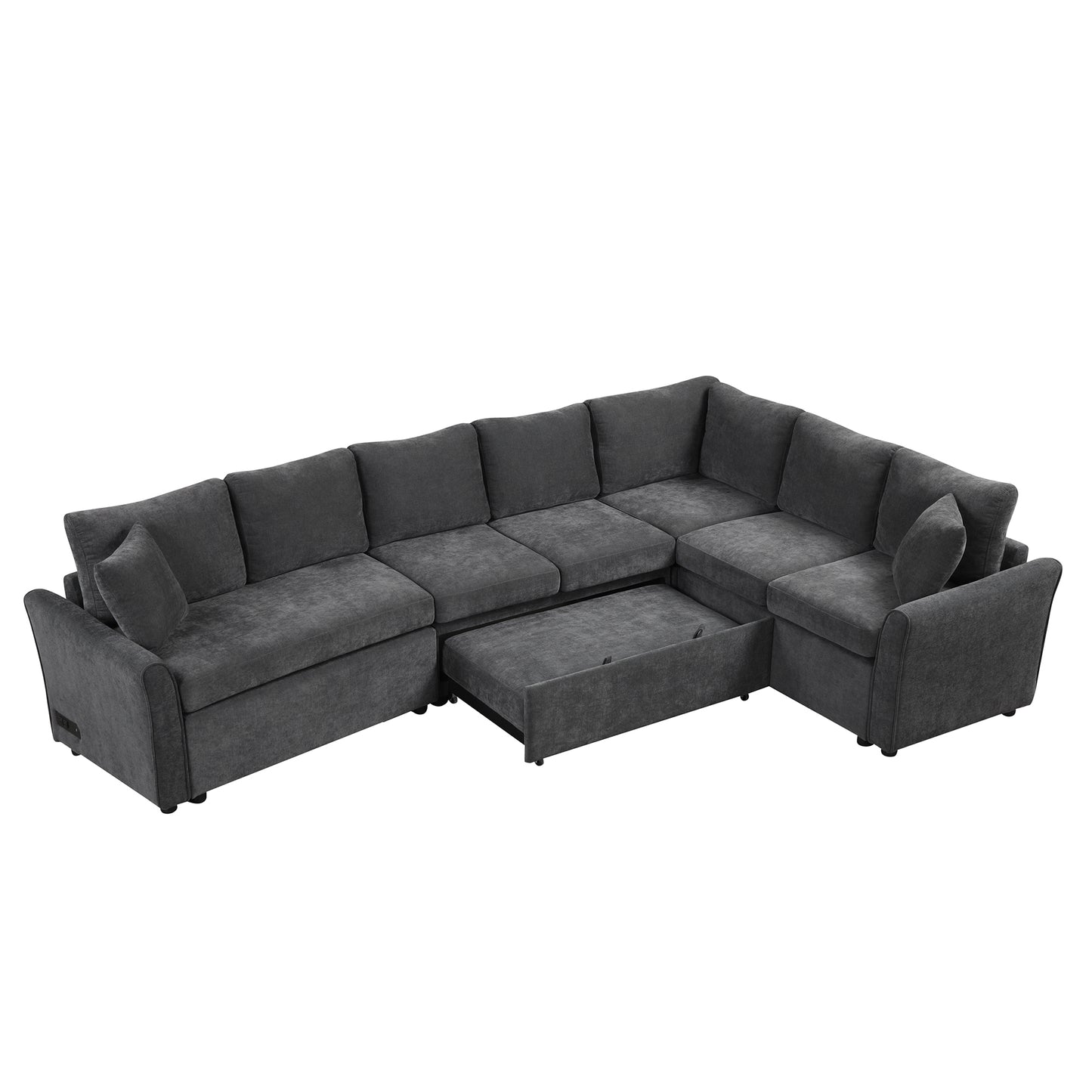 124.8"L-shaped Sofa Convertible Sofa Bed Pull Out Sofa Sleeper with Two Back Pillows, Two USB Ports and Two Power Sockets for Living Room, Gray (Old SKU:SG000890AAE)