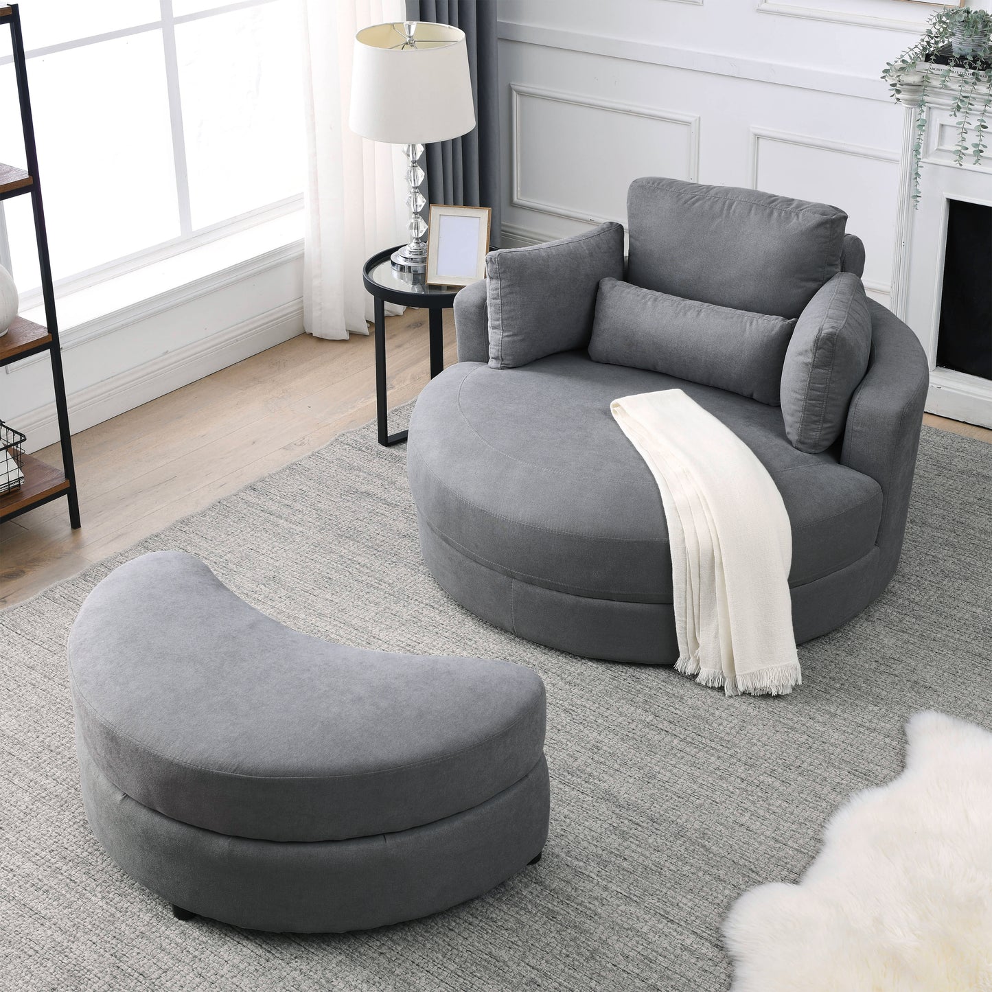 Welike Swivel Accent Barrel Modern Dark Grey Sofa Lounge Club Big Round Chair with Storage Ottoman Linen Fabric for Living Room Hotel with Pillows,2PCS.