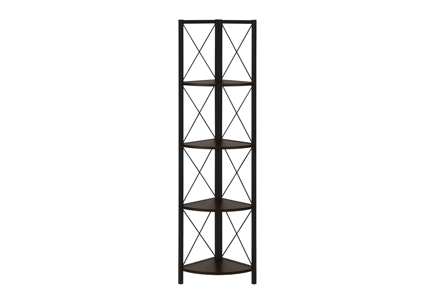 Bookshelf, Bookcase, Etagere, Corner, 4 Tier, 60"h, Office, Bedroom, Brown Laminate, Black Metal, Contemporary, Modern
