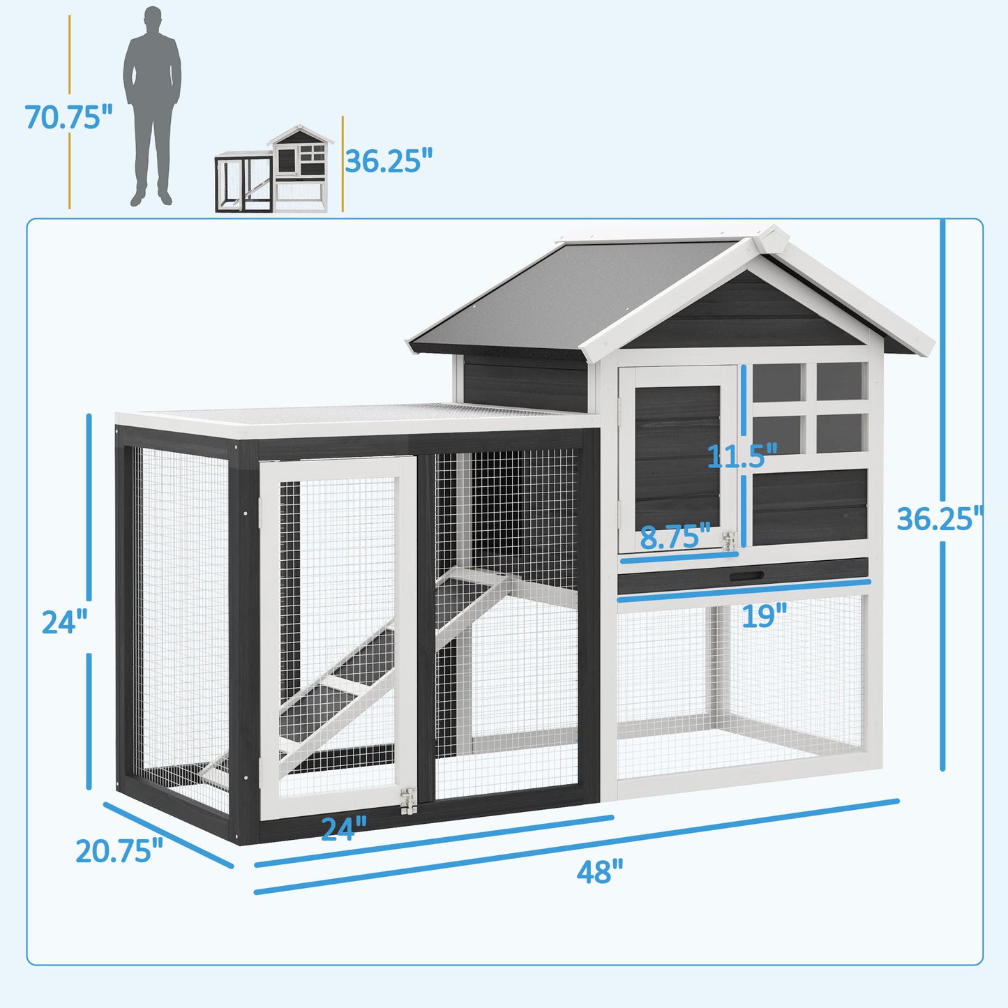 PawHut 48" Wooden Rabbit Hutch Bunny Cage with Waterproof Asphalt Roof, Fun Outdoor Run, Removable Tray and Ramp, Grey