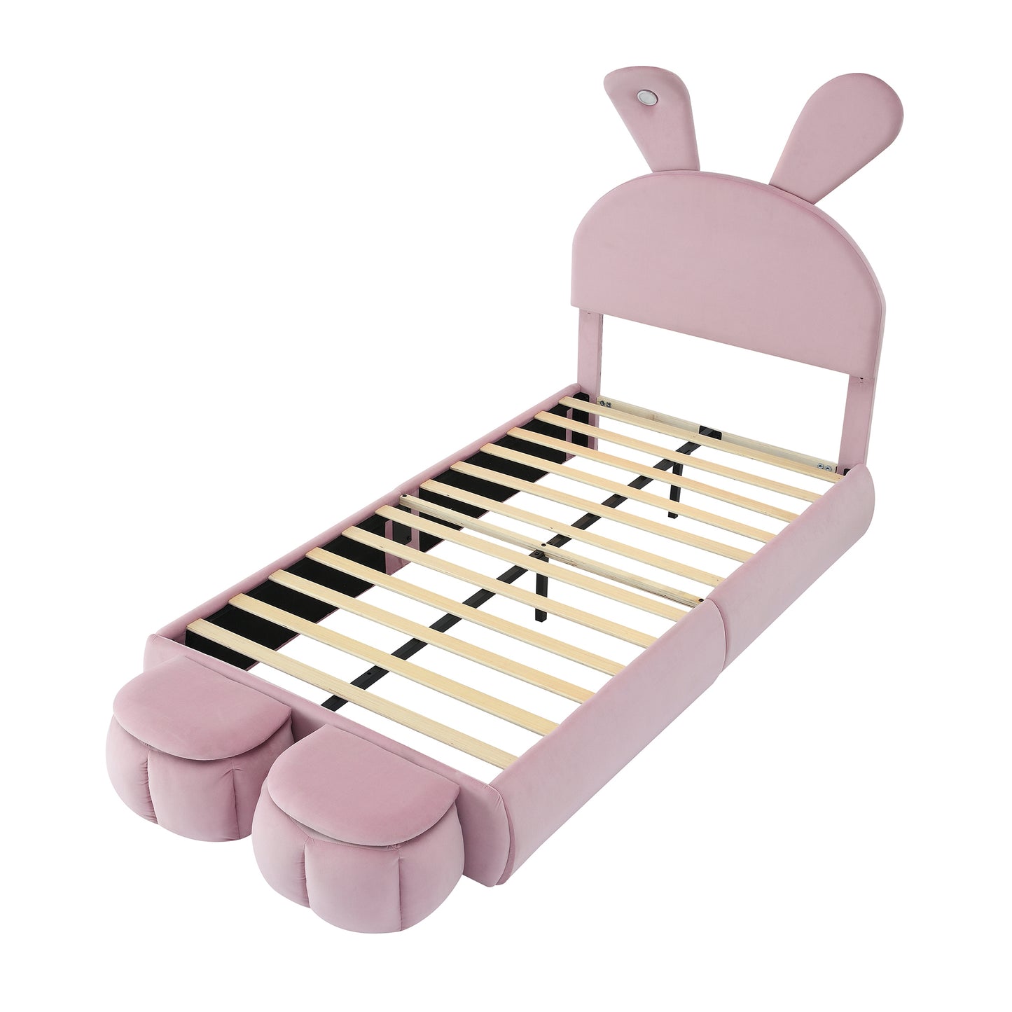 Twin Size Upholstered Platform Bed with Cartoon Ears Shaped Headboard and Light, Pink