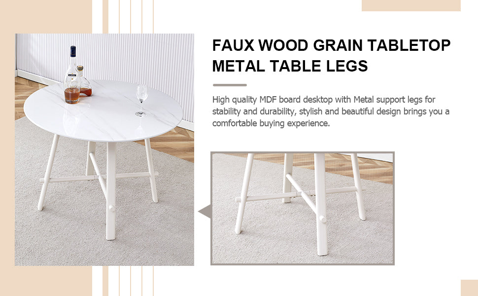 A modern minimalist circular dining table with a 42 inch diameter white patterned tabletop and white metal legs. Suitable for restaurants, living rooms, and conference rooms.