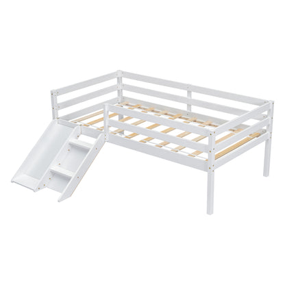 Twin Low Loft Bed with Slide,  Ladder, Safety Guardrails, No Box Spring Needed,White