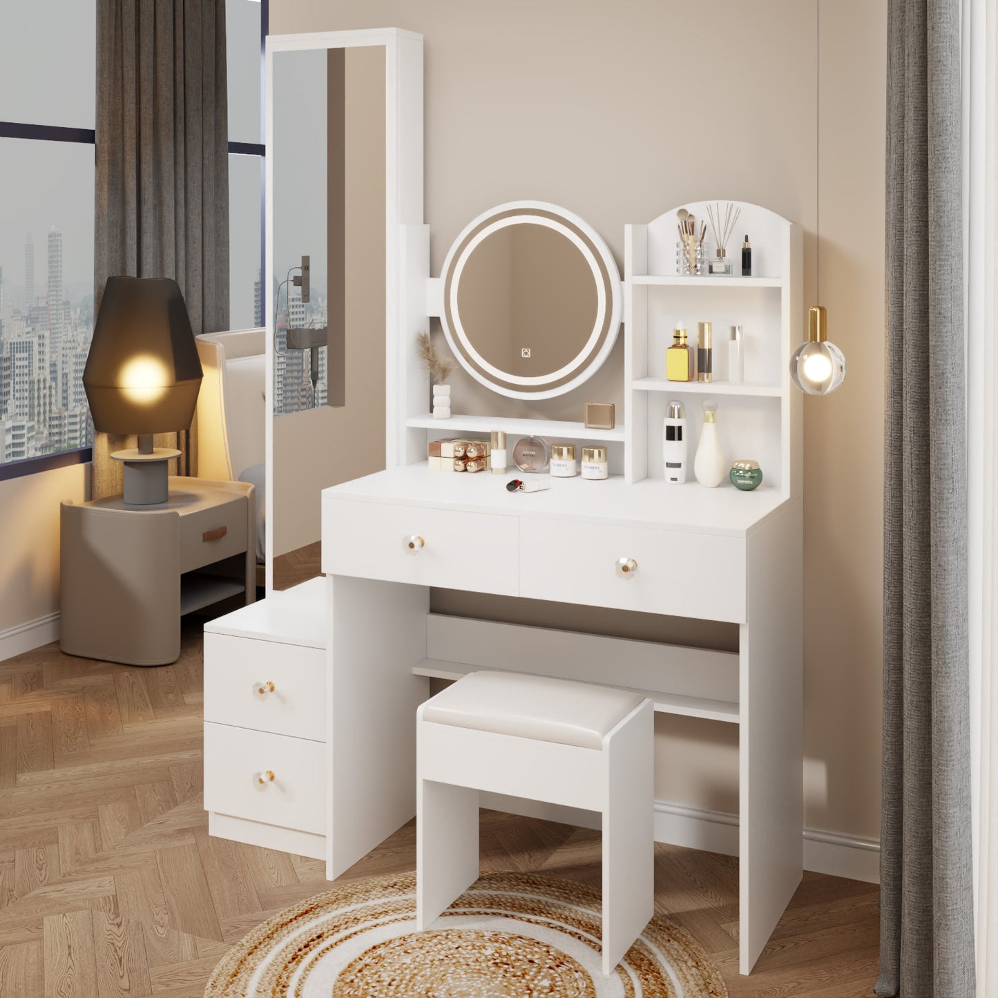 Full Body Mirror Cabinet + Round Mirror LED Vanity Table + Cushioned Stool, 17" diameter LED Mirror, Touch Control, 3-color, Brightness adjustable, Large desktop, Multi-layer High Capacity Storage