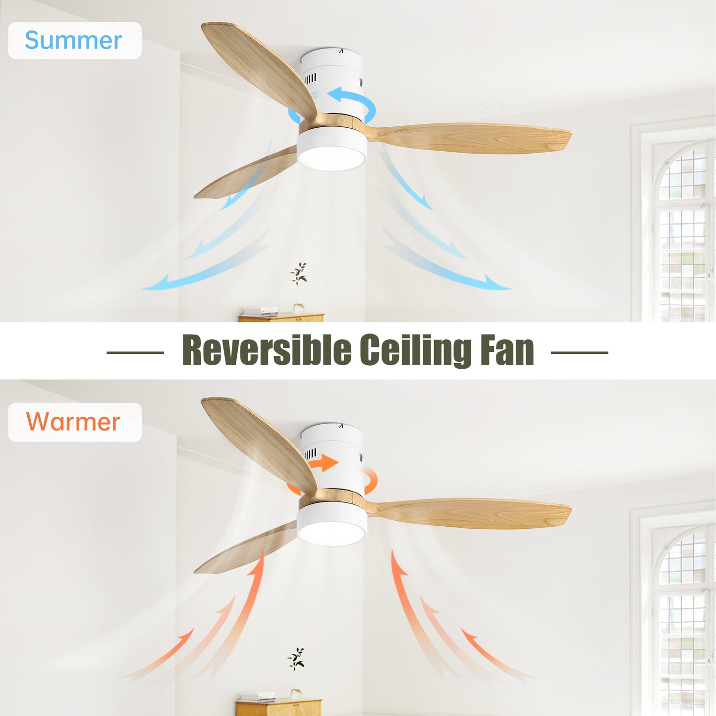 52 Inch Flush Mount Ceiling Fan DC 3 Solid Wood Fan Blade Noiseless Reversible Motor Remote Control With Light