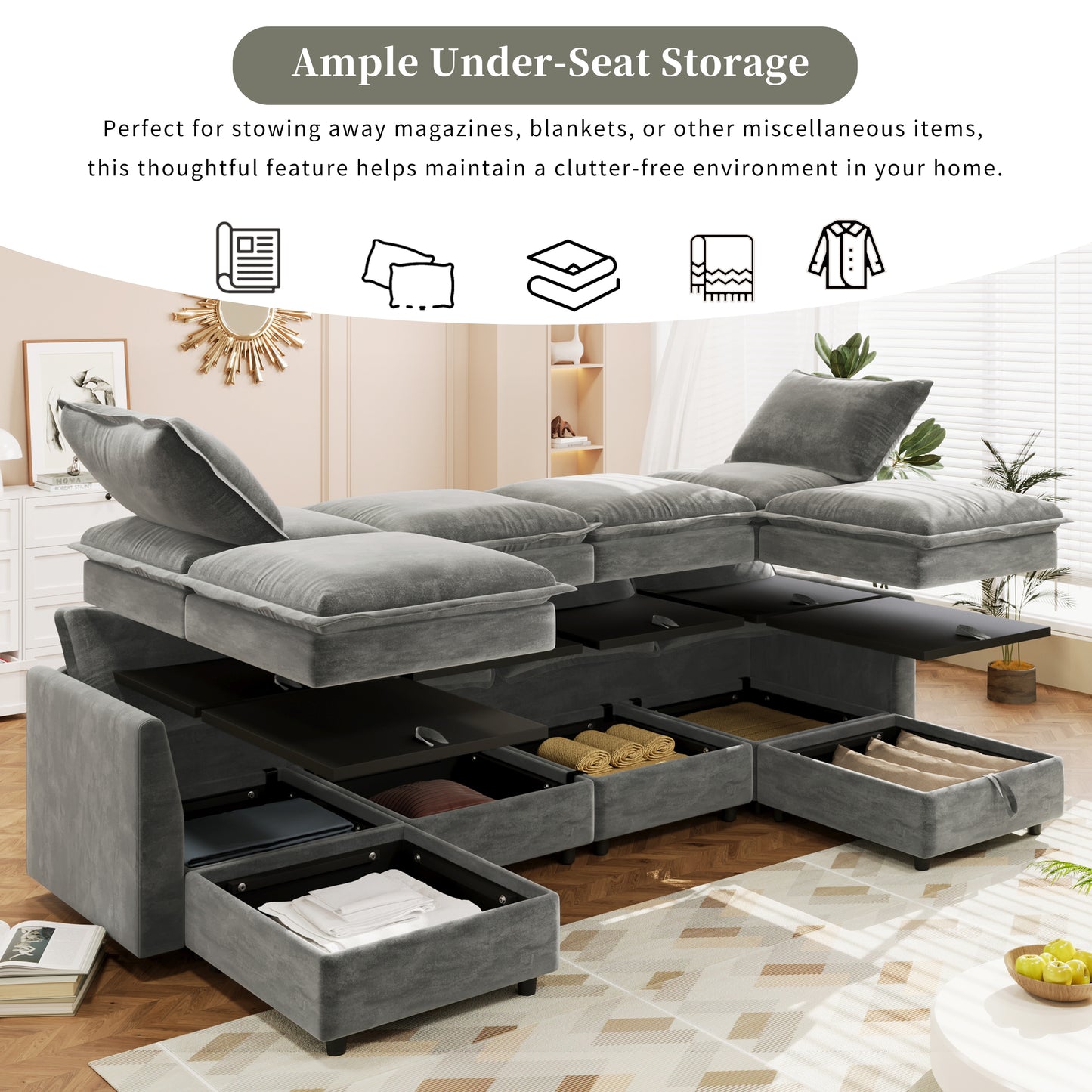 Mirod 126'' Versatile 6-Piece Modular Sofa Bed with Storage,Stylish Faux Double-Layer Cushions,Comfortable & Durable Design,Perfect for Any Living Space