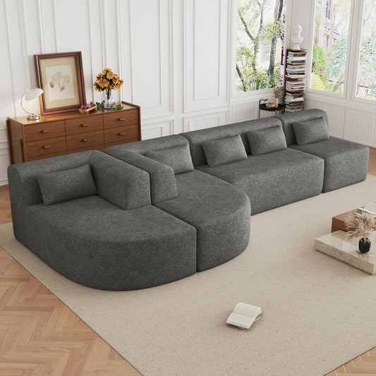 143.7" Upholstered Sofa Free-combined Sofa Couch with Two Chaise Lounge and Five Back Pillows for Living Room, Light Gray