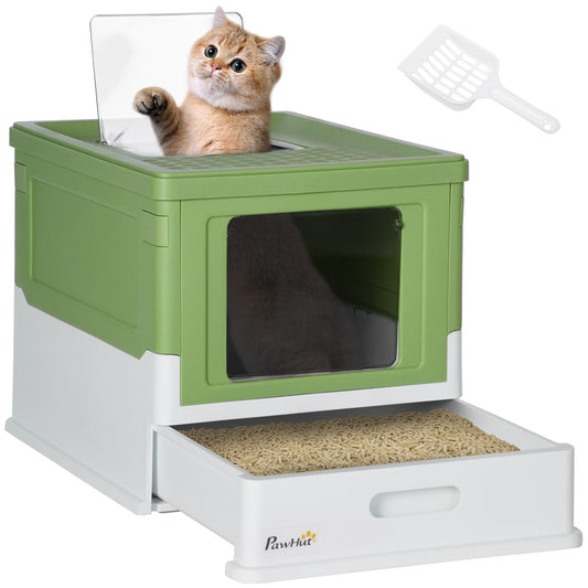 PawHut Fully Enclosed Cat Litter Box with Scoop, Hooded Cat Litter House with Drawer Type Tray, Foldable Smell Proof Cat Potty with Front Entry, Top Exit, Large Space, Yellowish Green