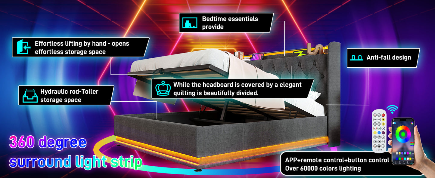 Full size Upholstered bed, 360 surround LED function, Buttons/Apps/Remote Control, hydraulic storage bed with USB Type-C charging, Gray,Linen (Without mattress)