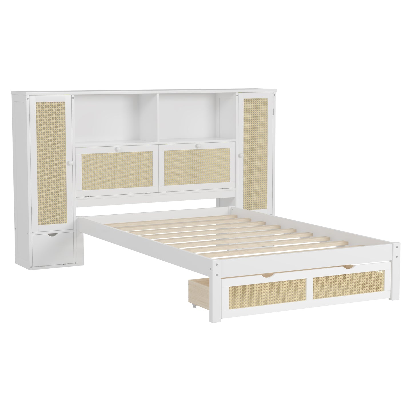 Twin Size Wooden Bed with Two Storage Lockers, Drawer, and Storage Shelf on Headboard, Multifunctional Platform Bed with Natural Rattan, White