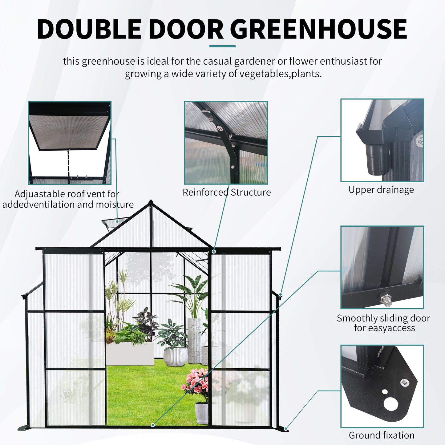 8x8 FT Double Door Polycarbonate Greenhouse Raised Base and Anchor Aluminum Heavy Duty Walk-in Greenhouses for Outdoor Backyard in All Season,Black