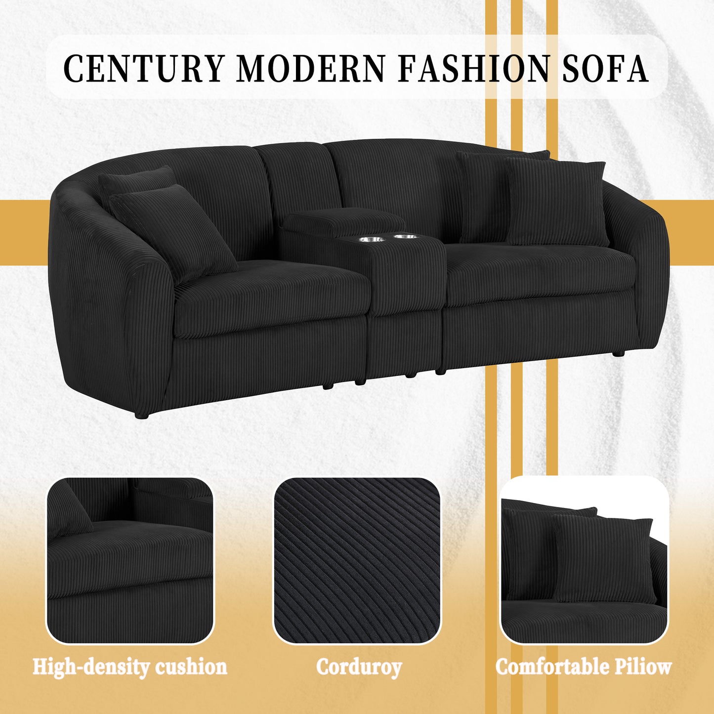 UNITED WE WIN corduroy fabric, two cup holders, storage, oversized two-seat, solid wood frame, high quality sponge filling, curved placement sofa